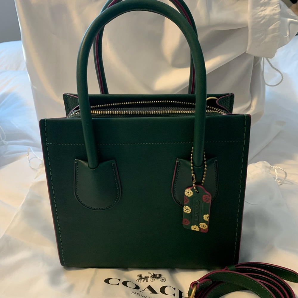 Coach Dark Green Leather Tote with Floral Tag and Pink Trim